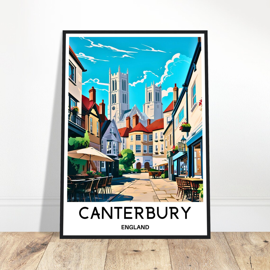 Canterbury England Street Cafes Cathedral Vintage Travel Poster
