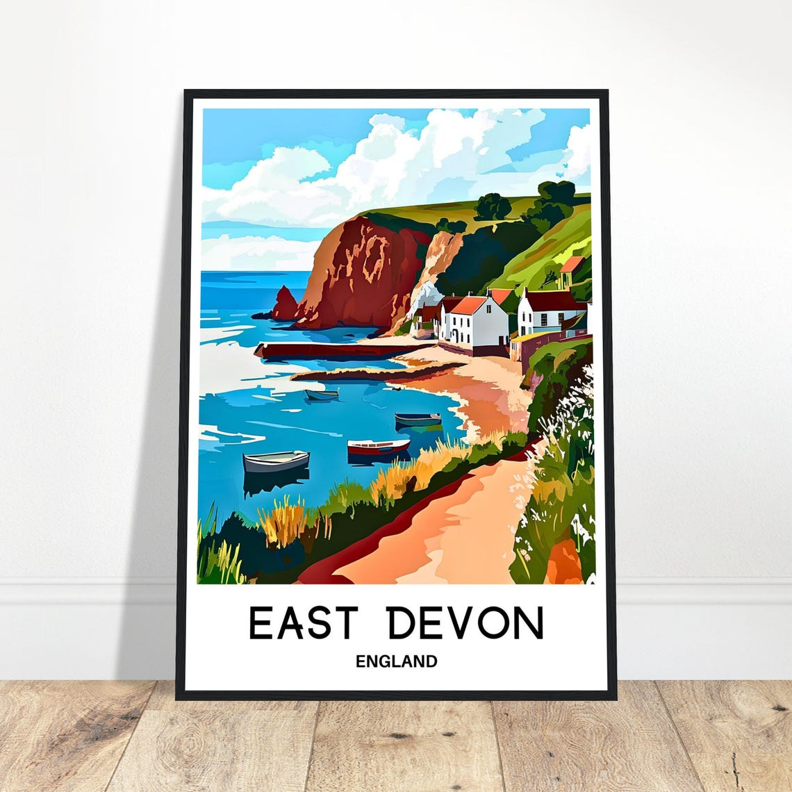 East Devon England Rust Red Cliffs Coastal Village Travel Poster