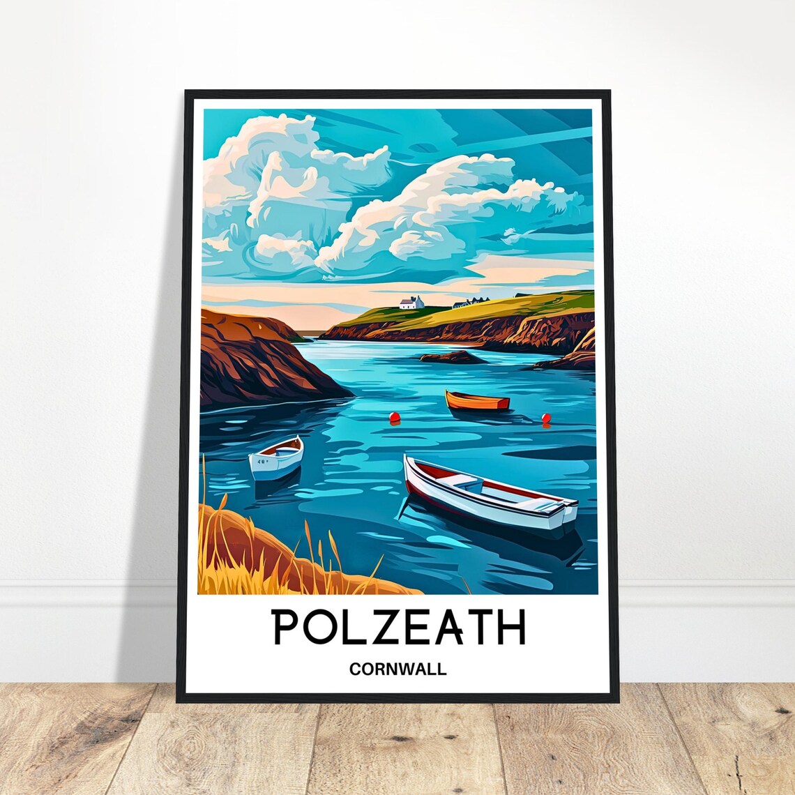 Polzeath Cornwall Rocky Coastline Fishing Boats Retro Travel Poster