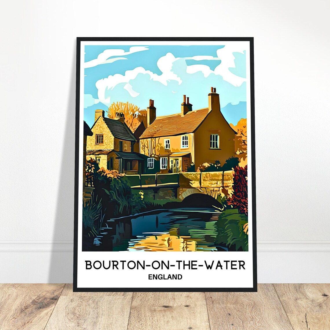 Bourton-on-the-Water England Stone Cottages Travel Poster Bridge View