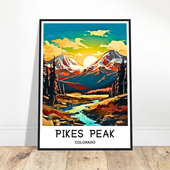 Pikes Peak Colorado Sunrise Snowy Mountains Stream Travel Poster