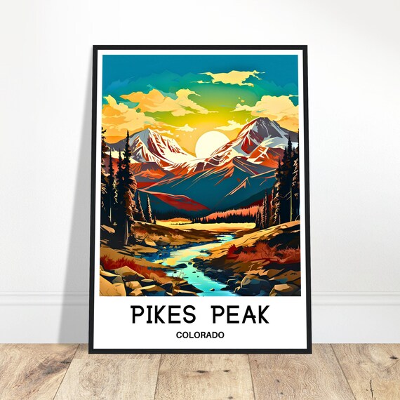 Pikes Peak Travel Print Poster Art America Lover Gift Wall Hanging Home Office Desk Decor Colorado Illustration