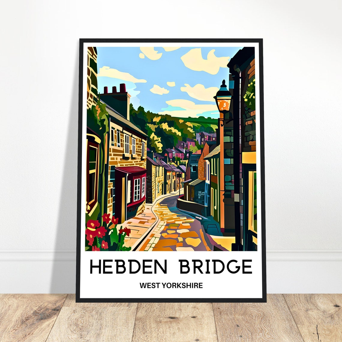 Hebden Bridge Cobblestone Street West Yorkshire Travel Poster