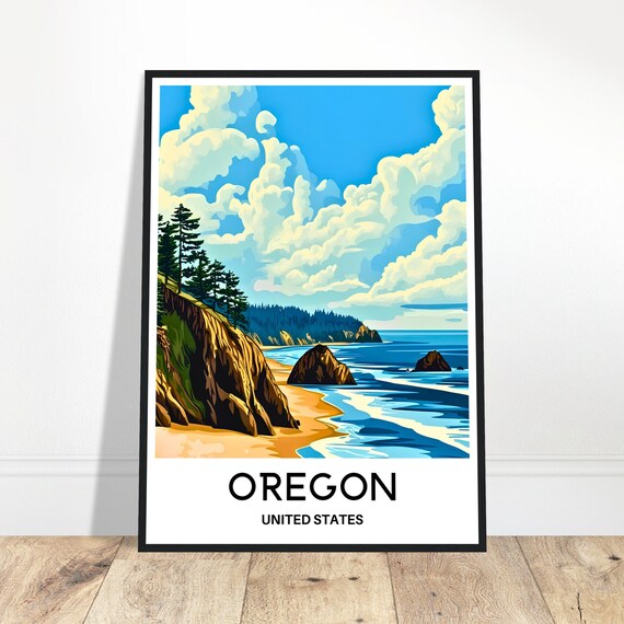Oregon Coast Sea Cliffs Beach Vintage Travel Illustration Poster
