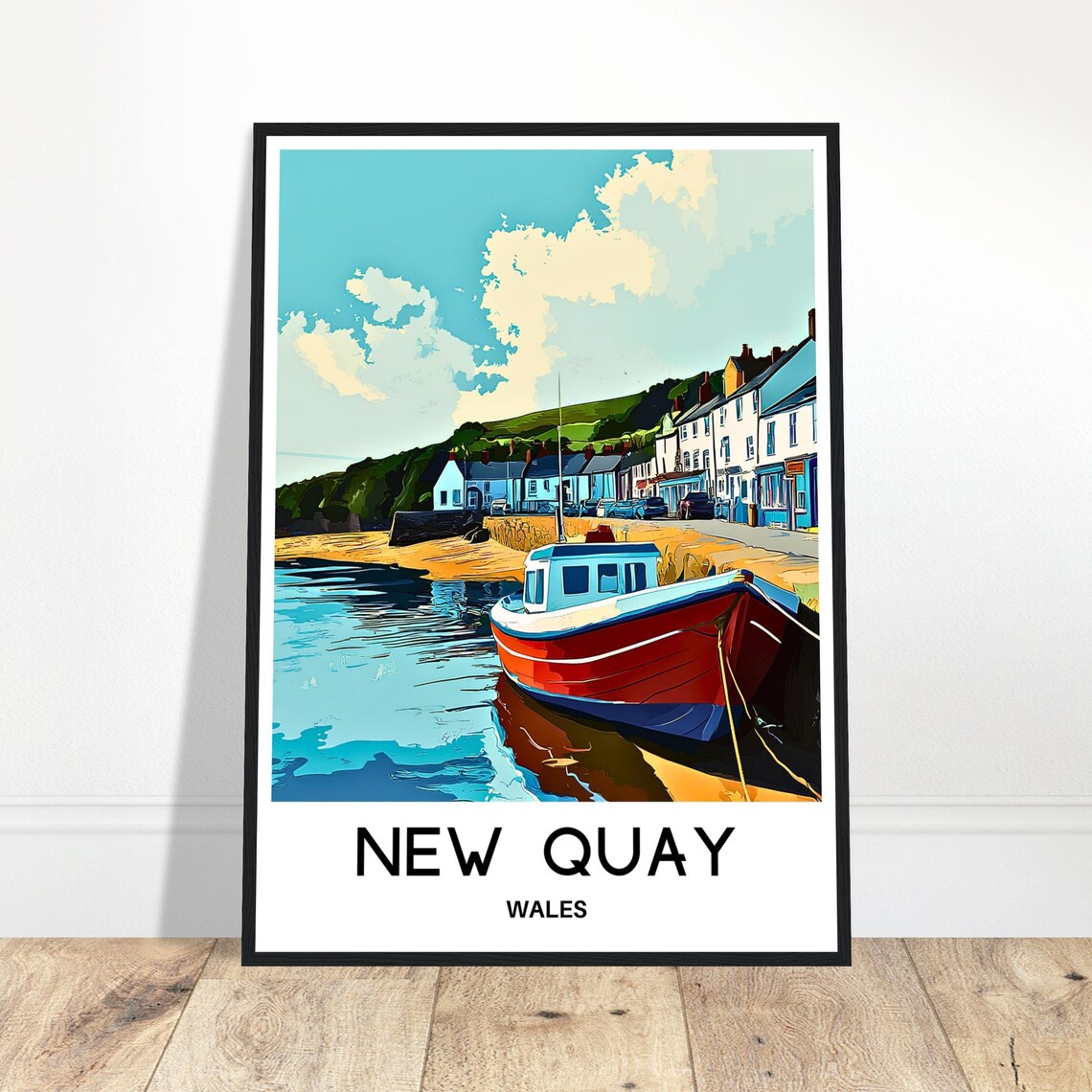 New Quay Wales Harbor Boat Seaside Illustration Travel Poster