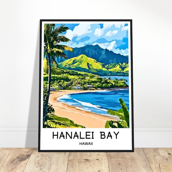 Hanalei Bay Hawaii Tropical Beach Palm Trees Kauai Travel Poster