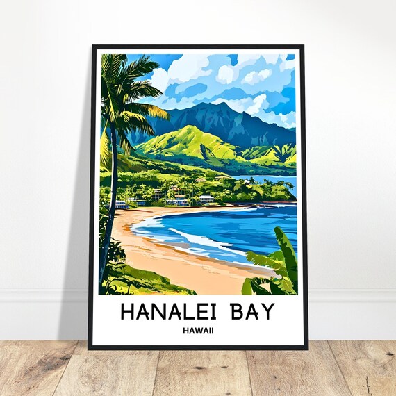 Hanalei Bay Travel Print Poster Art Hawaii Lover Gift Wall Hanging Illustration Home Office Decor