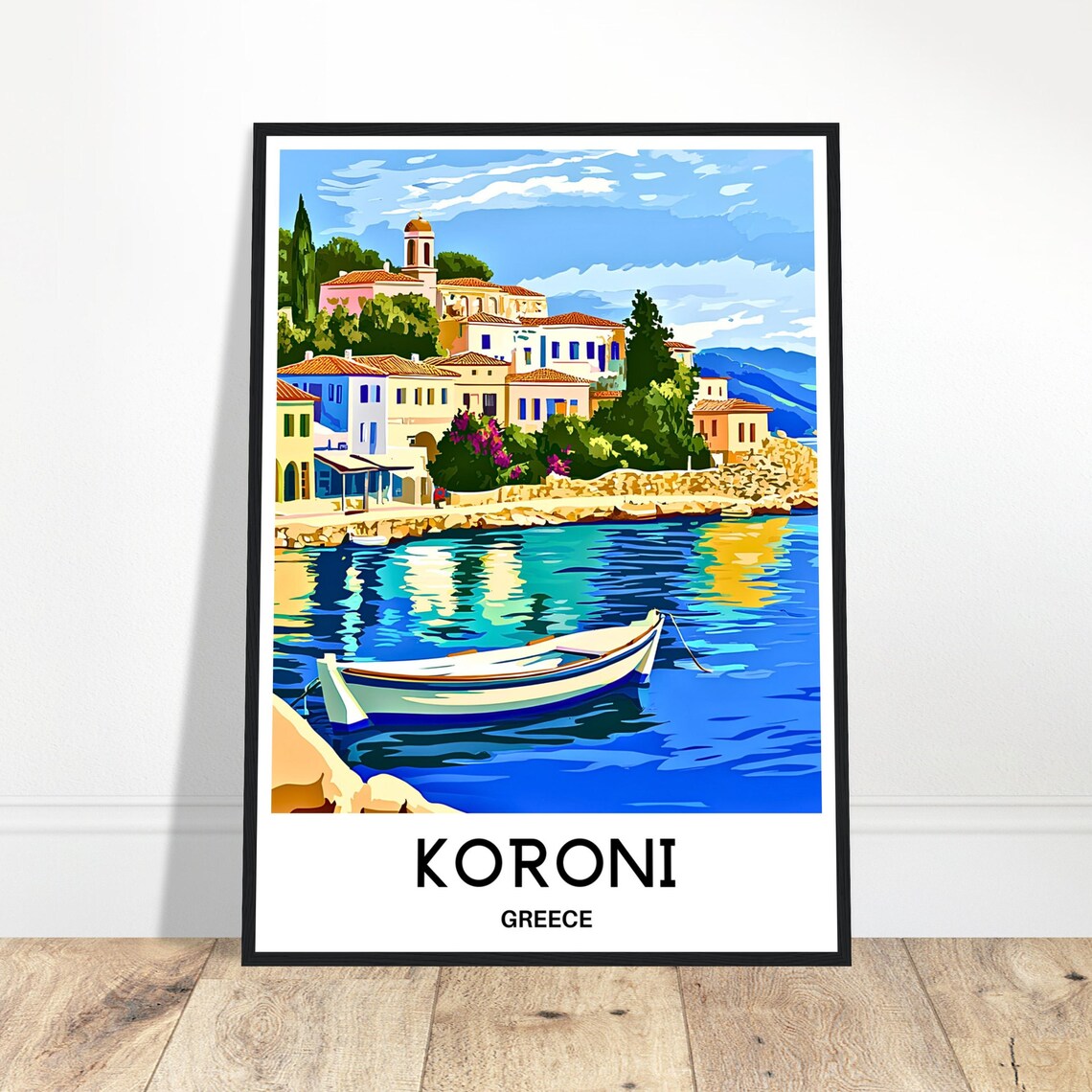 Koroni Greece Harbor with White Boat Coastal Town Travel Poster