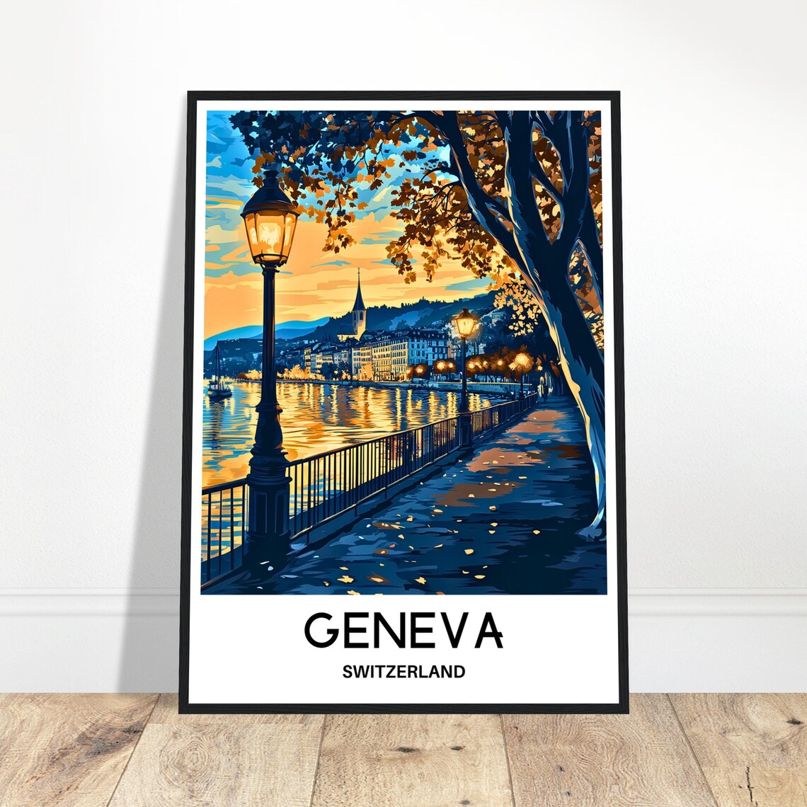Geneva Switzerland Lakeside Promenade Night Lamps Travel Poster