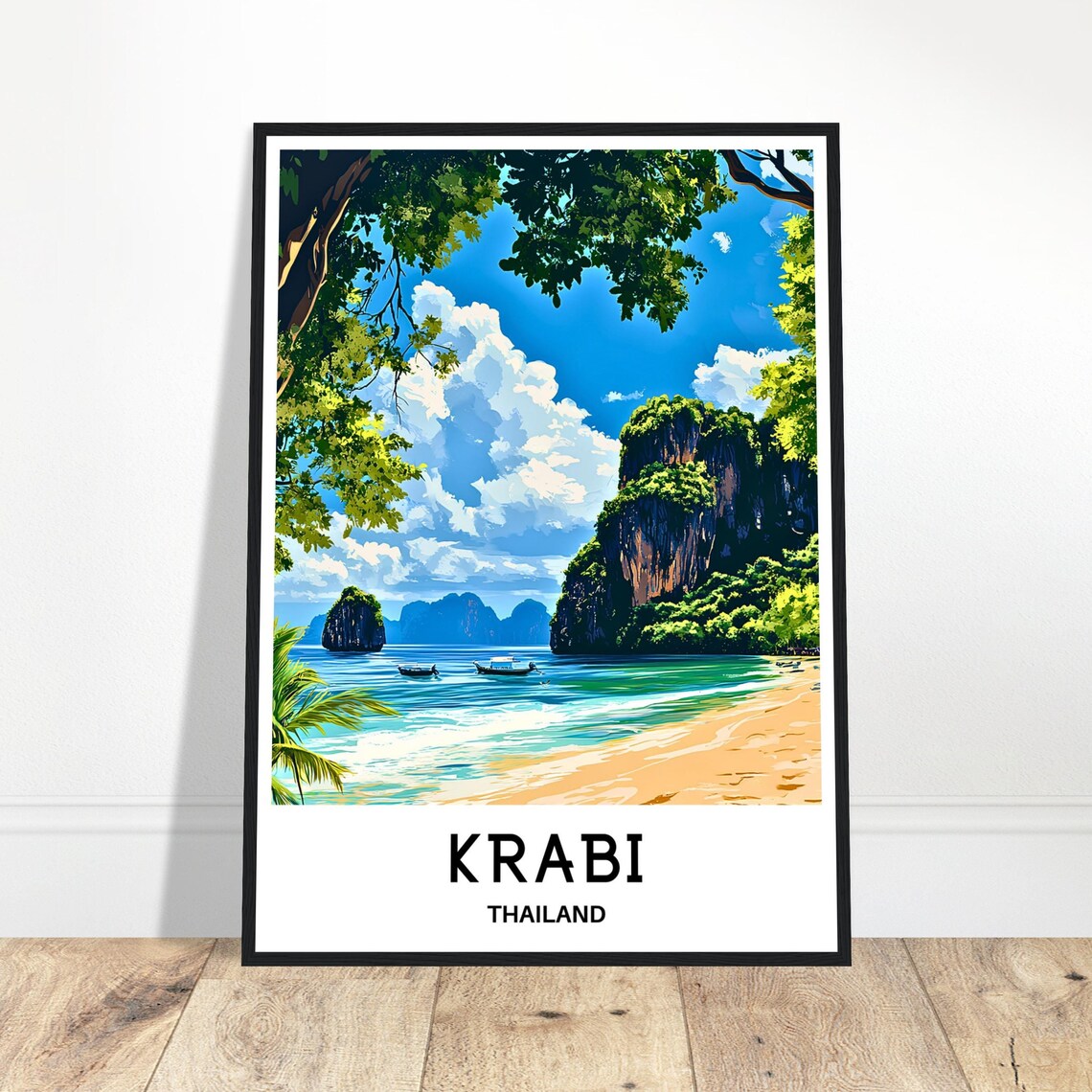 Krabi Thailand Limestone Cliffs And Longtail Boats Beach Poster