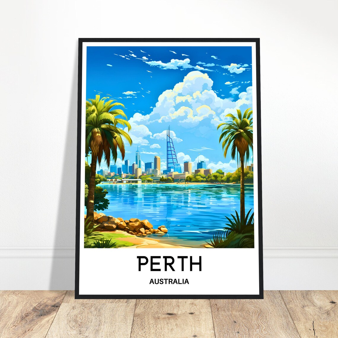 Perth Australia City Skyline Palm Trees Waterfront Travel Poster