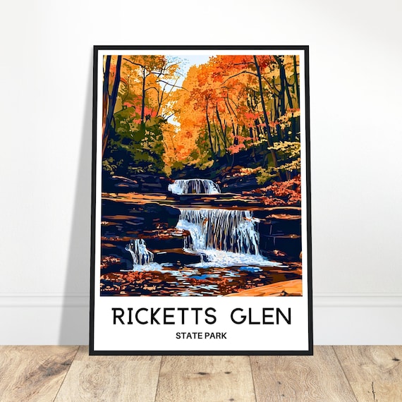 Ricketts Glen State Park Autumn Waterfalls Forest Vintage Travel Poster