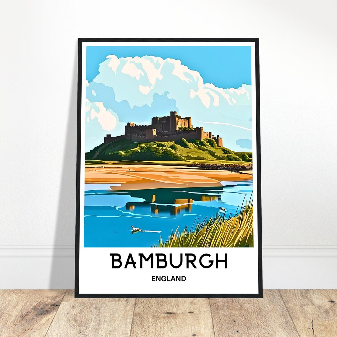Bamburgh England Castle on Hilltop Beach Coast View Travel Poster
