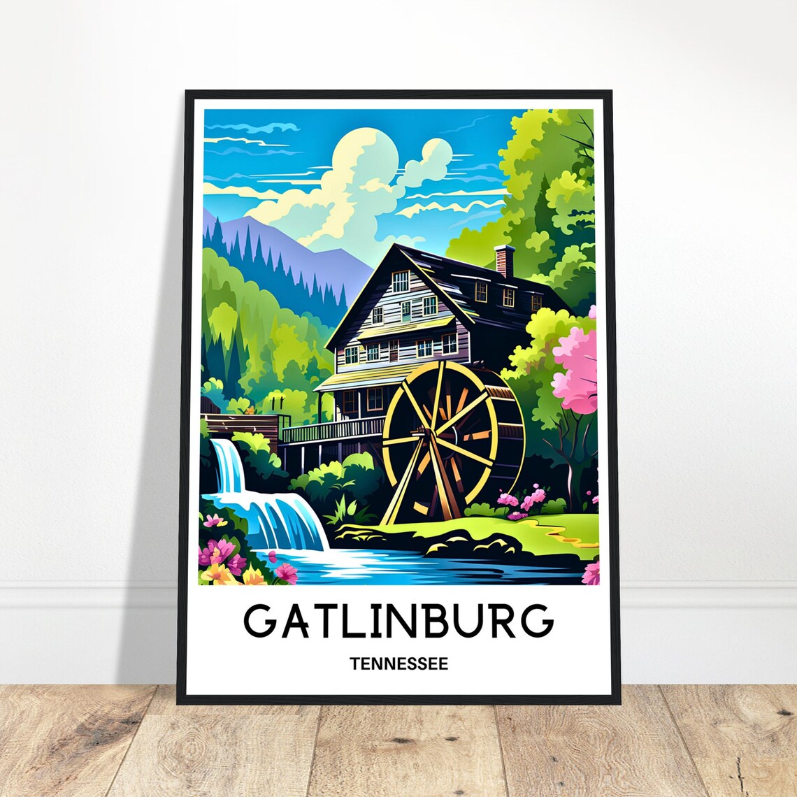 Gatlinburg Tennessee Watermill Waterfall Smoky Mountains Travel Poster