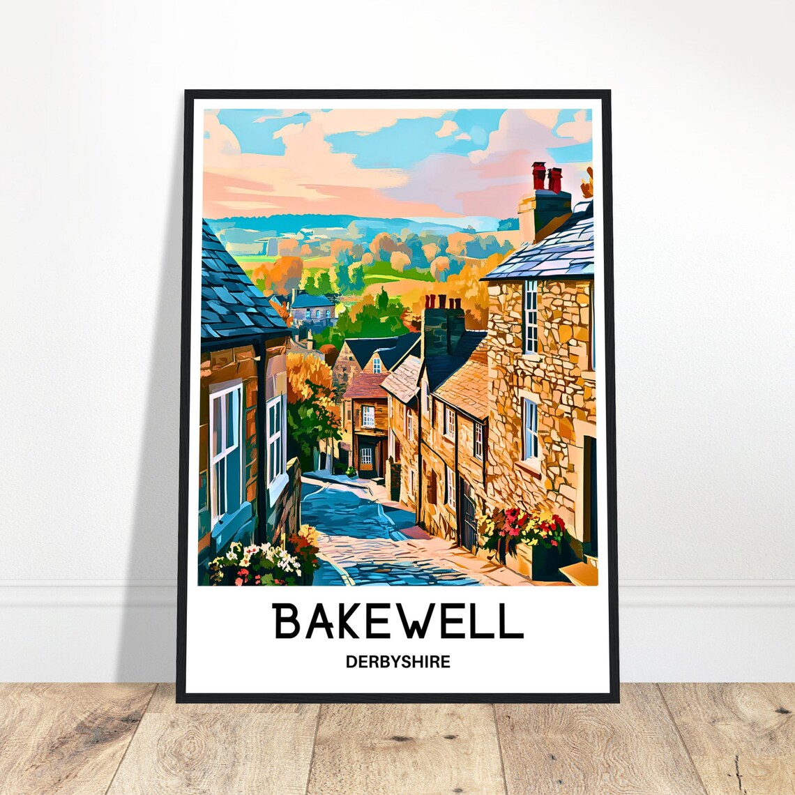 Bakewell Derbyshire Stone Cottage Street Sunset Travel Poster