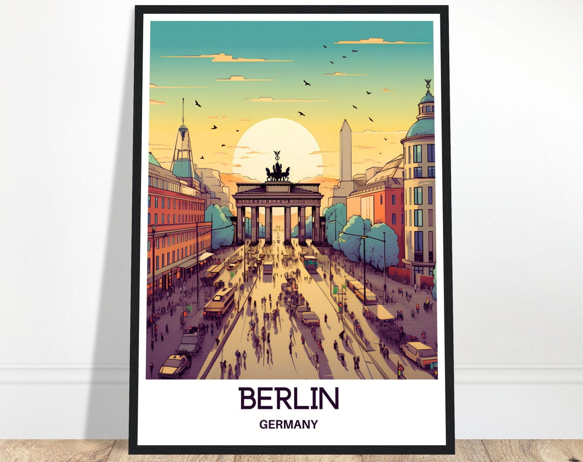Berlin Germany Brandenburg Gate Sunset Street Scene Travel Poster