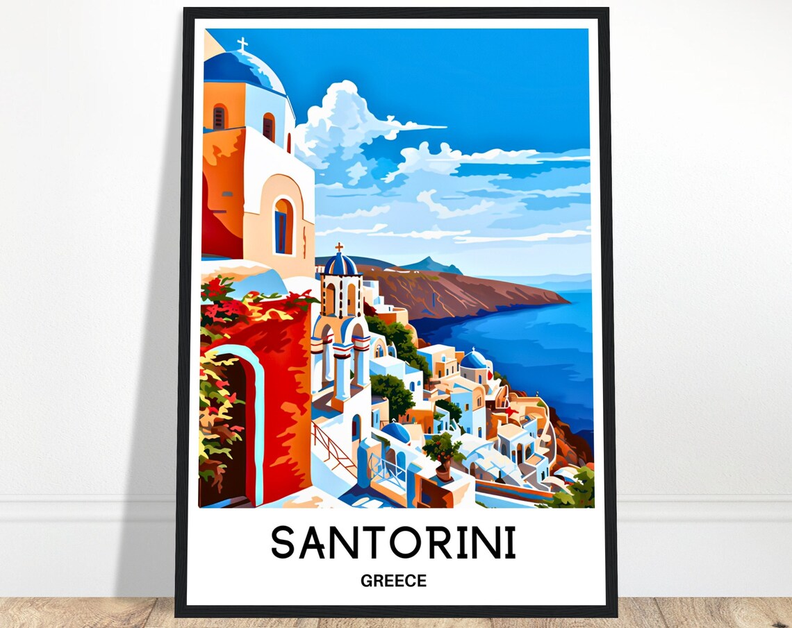 Santorini Greece Blue Domed Churches Daytime Retro Travel Poster