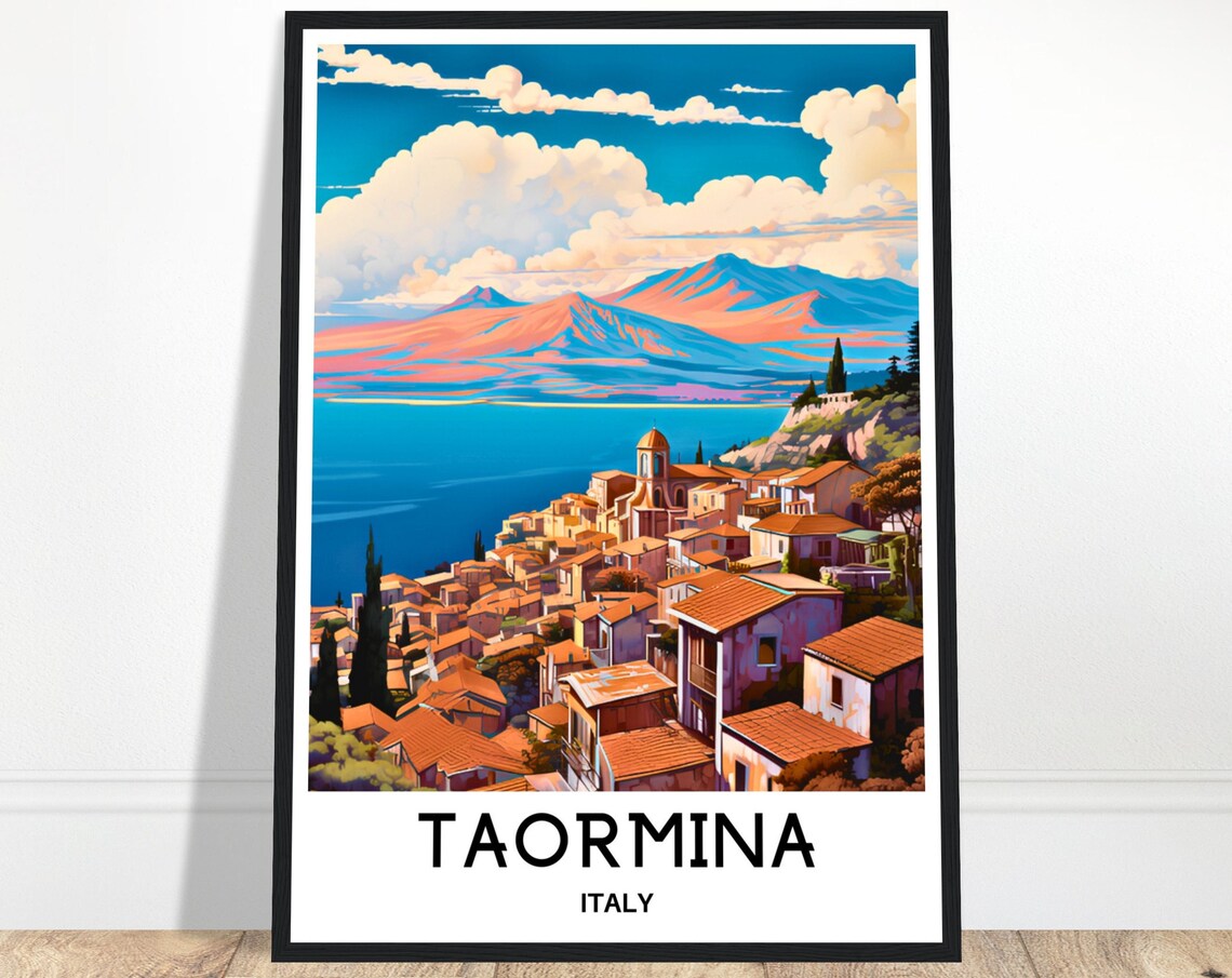 Taormina Italy Coastal Town Mount Etna Sea View Travel Poster