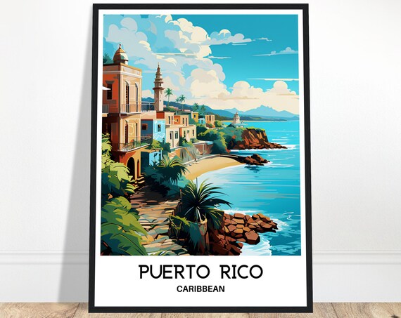 Puerto Rico Caribbean Coastal Town Colorful Illustration Travel Poster