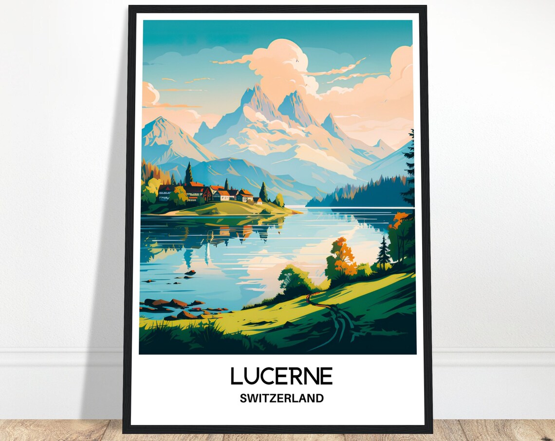 Lucerne Switzerland Lake Village Alpine Mountains Travel Poster