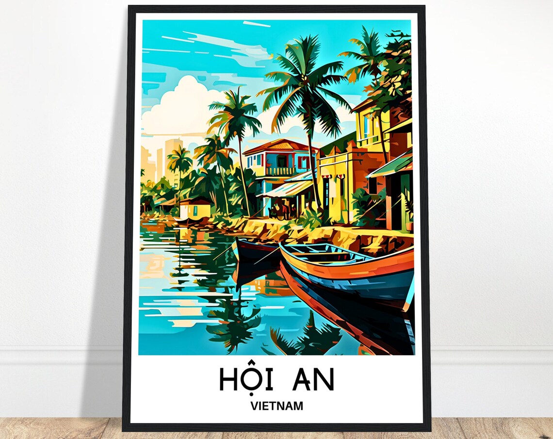 Hoi An Vietnam Riverside Old Town Boats Palm Trees Travel Poster