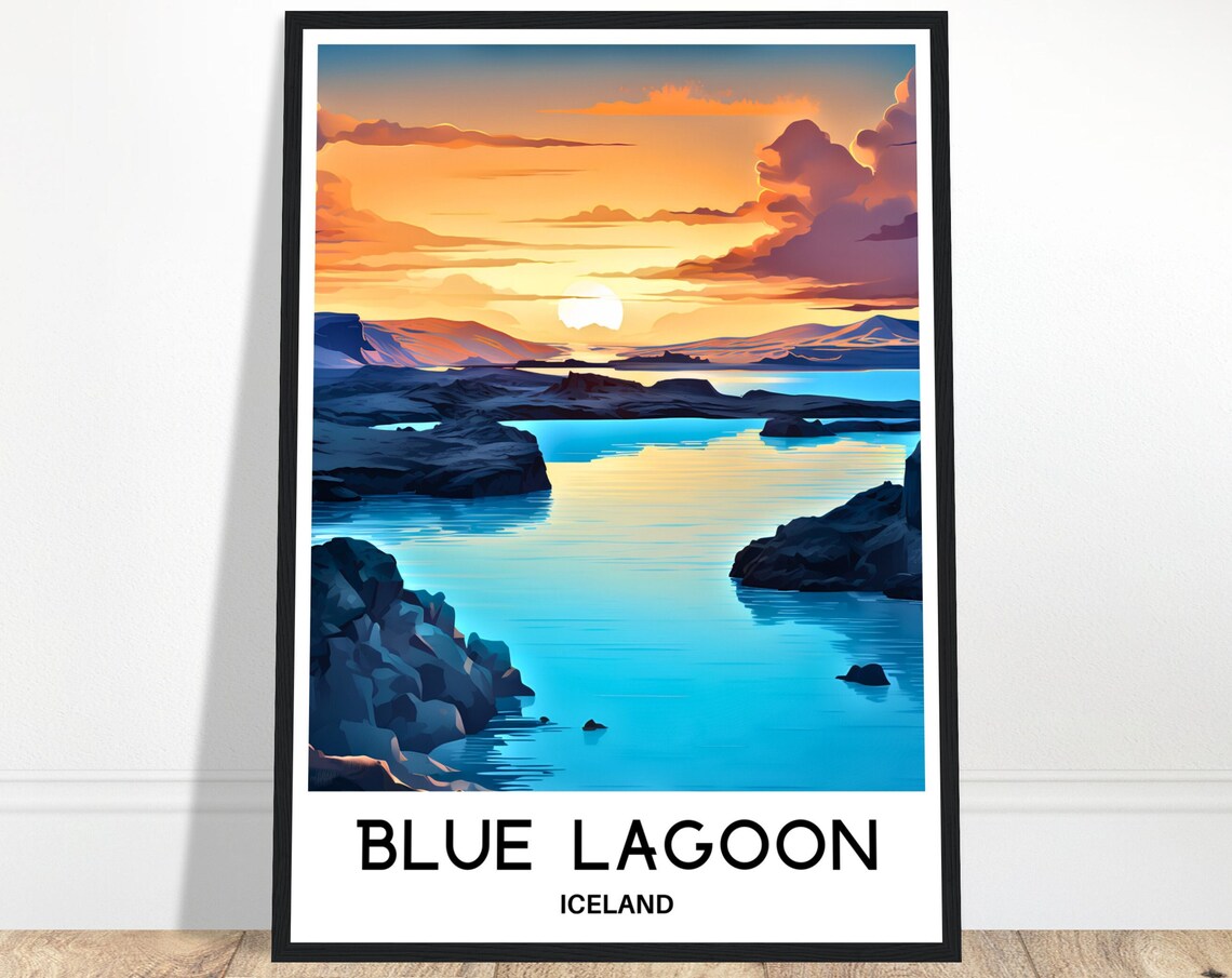 Blue Lagoon Iceland Sunset Over Turquoise Waters Travel Poster