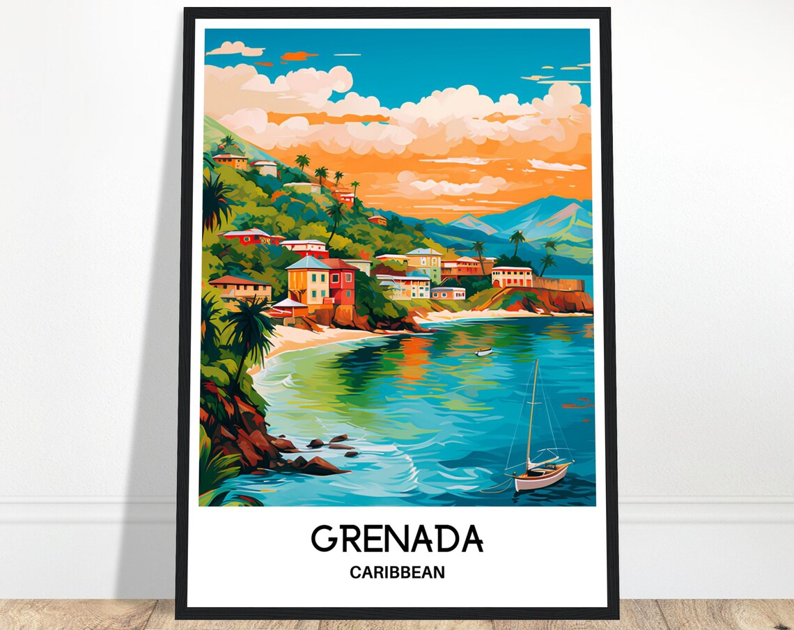 Grenada Caribbean Harbor Town Sailboat Golden Sunset Travel Poster