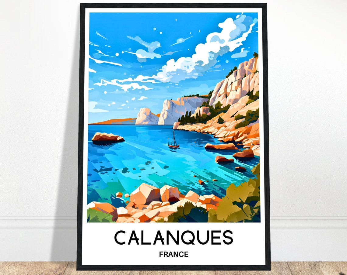 Calanques France Turquoise Cove Cliffs Sailboat Coast Travel Poster