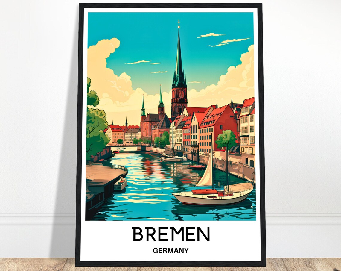 Bremen Germany Travel Poster With Historic Riverside City Scene