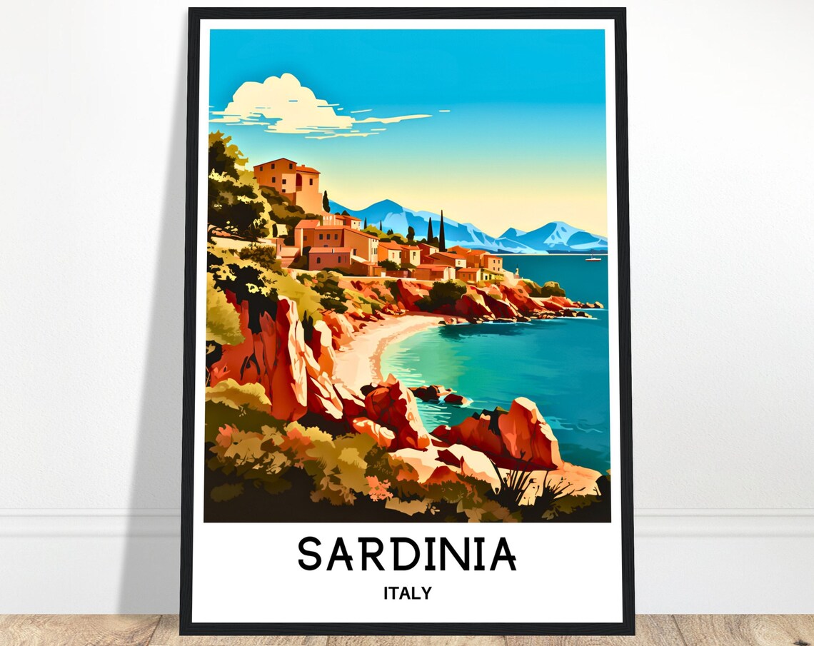 Sardinia Italy Red Cliffside Beach Village Vintage Travel Poster