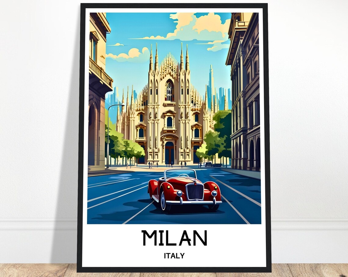Milan Italy Duomo Cathedral With a Classic Red Car Travel Poster