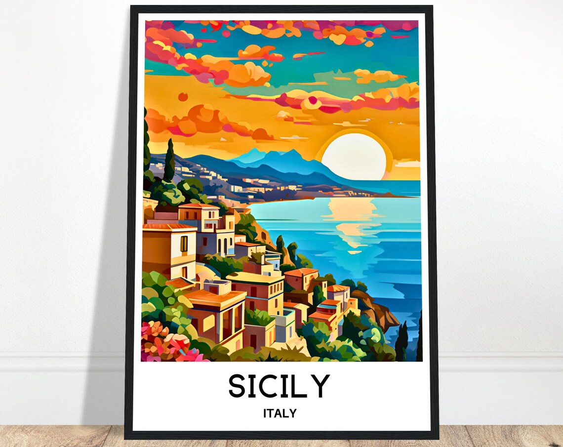Sicily Italy Seaside Village Daylight Vintage Style Travel Poster