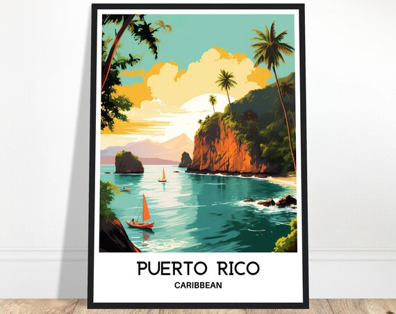 Puerto Rico Caribbean Sailboats Cliff Coastline Sunset Travel Poster