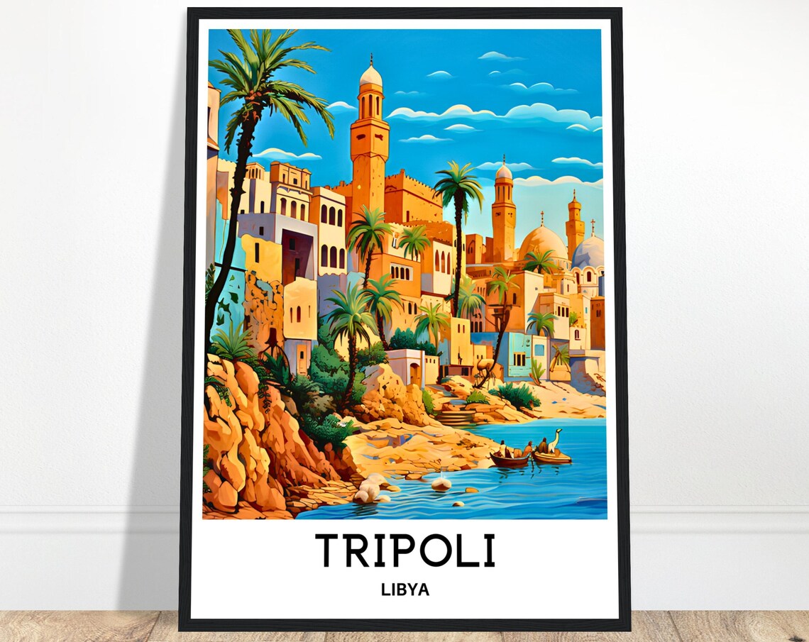 Tripoli Libya Old Town Minarets Harbour Palm Trees Travel Poster