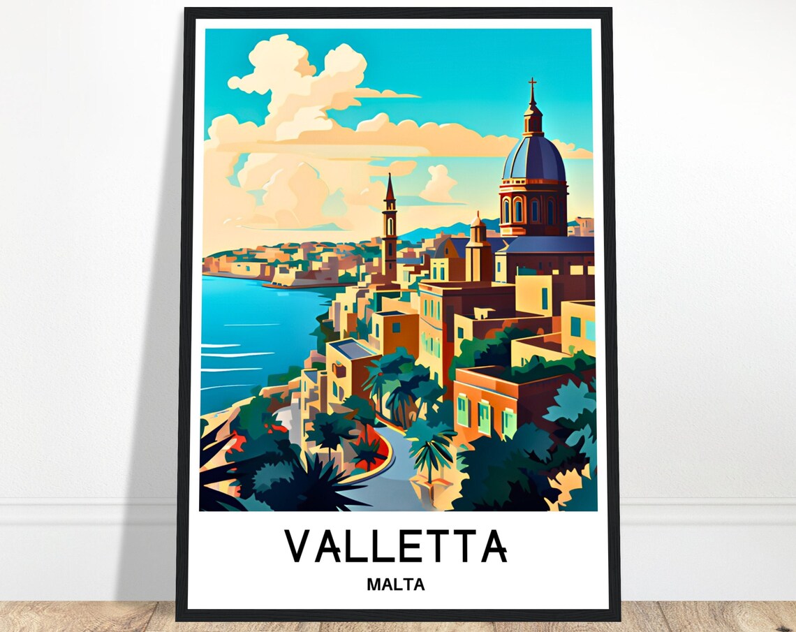 Valletta Malta Golden Old Town Cathedral Sea View Travel Art Poster