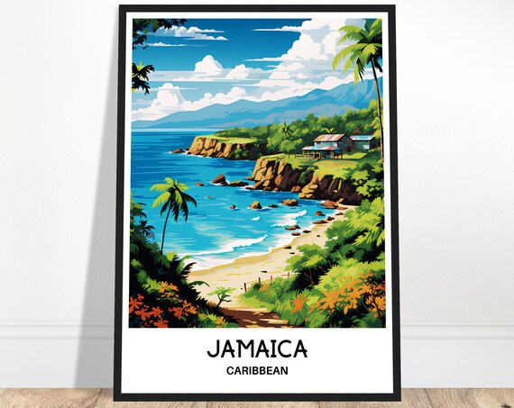 Jamaica Caribbean Rocky Cove Beach Cottage Palm Travel Poster
