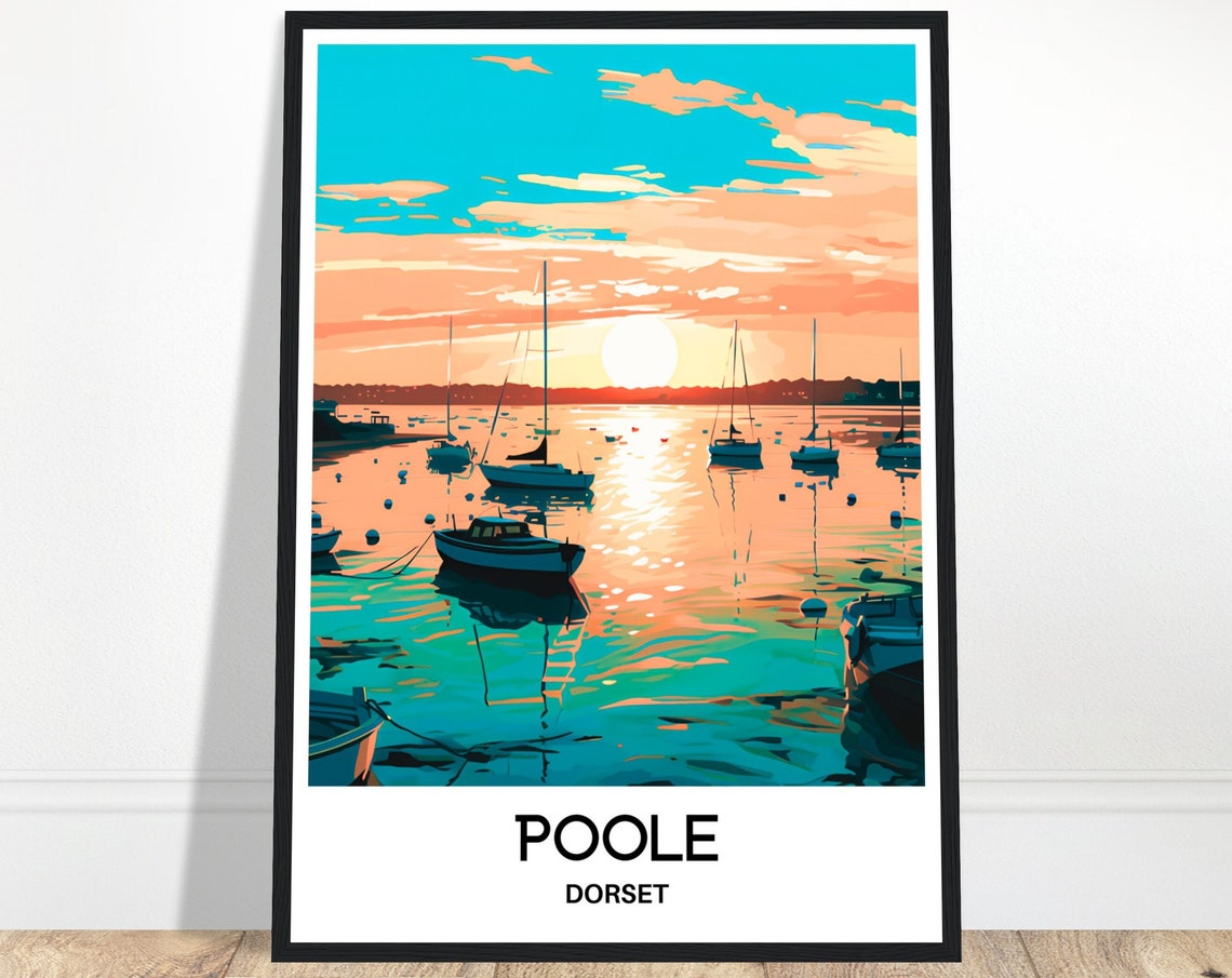 Poole Dorset England Harbour Sunset Sailboats Scene Travel Poster