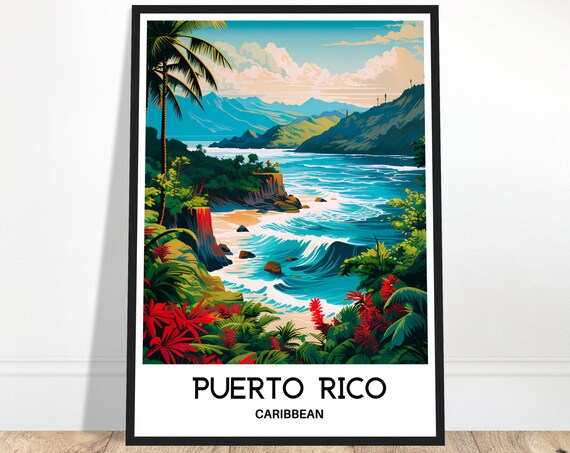 Puerto Rico Caribbean Tropical Coast Ocean Waves Travel Poster