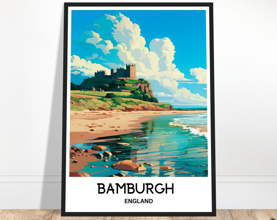 Bamburgh Castle England Beach Headland Coastline Travel Poster
