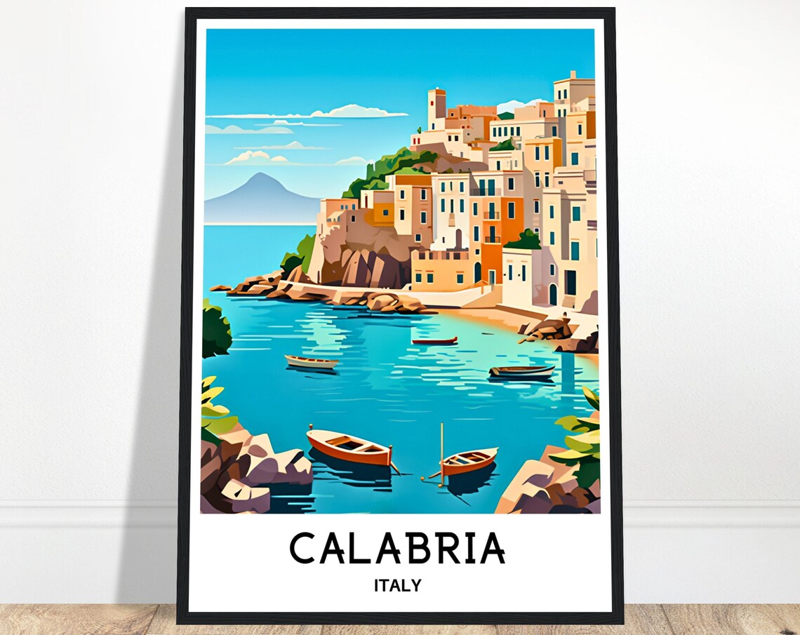 Calabria Italy Coastal Fishing Village Boats Turquoise Sea Poster