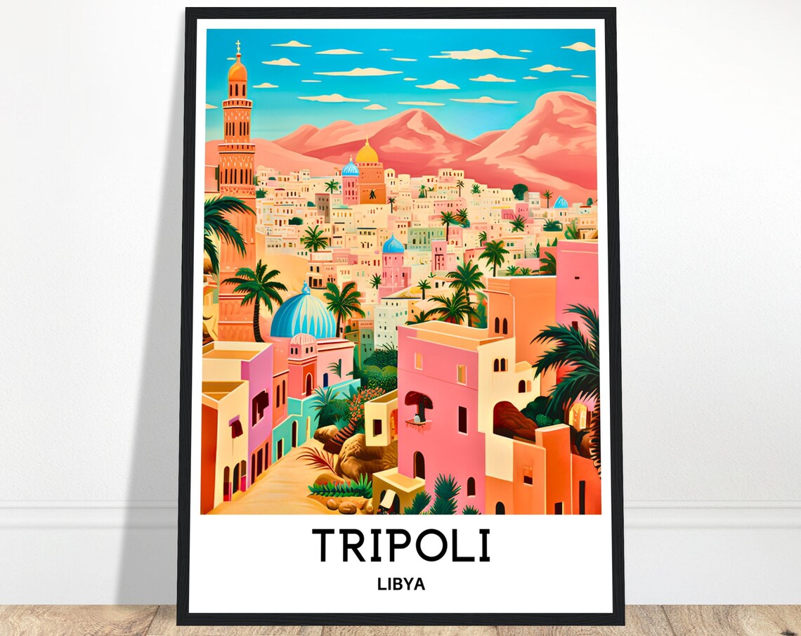 Tripoli Libya Colorful Old Town Palm Trees Illustration Travel Poster
