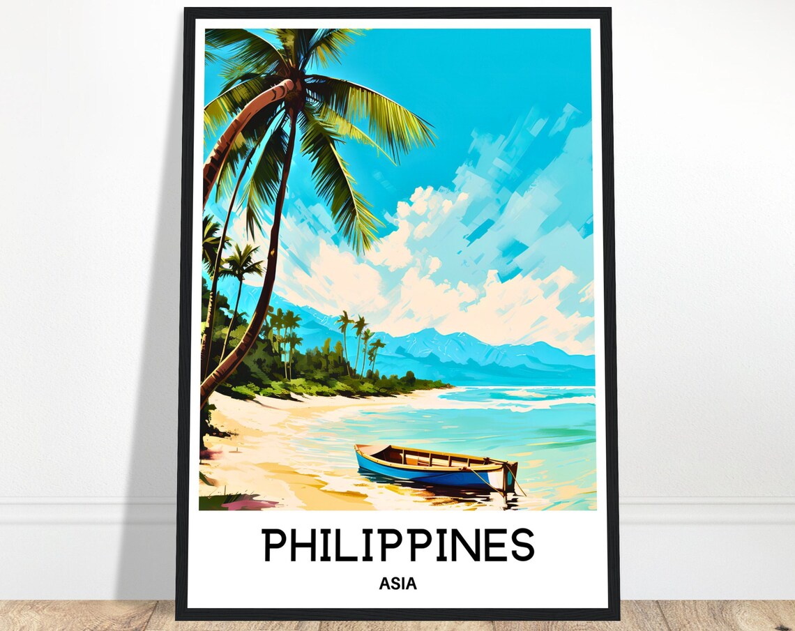 Philippines Tropical Beach Leaning Palm Boat Daytime Travel Poster