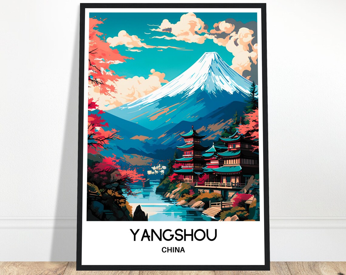 Mount Fuji Japan Snow Capped Peak Pagoda Cherry Blossom Art Poster