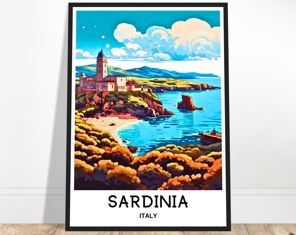 Sardinia Italy Coastal Lighthouse on Cliff Beach Travel Poster