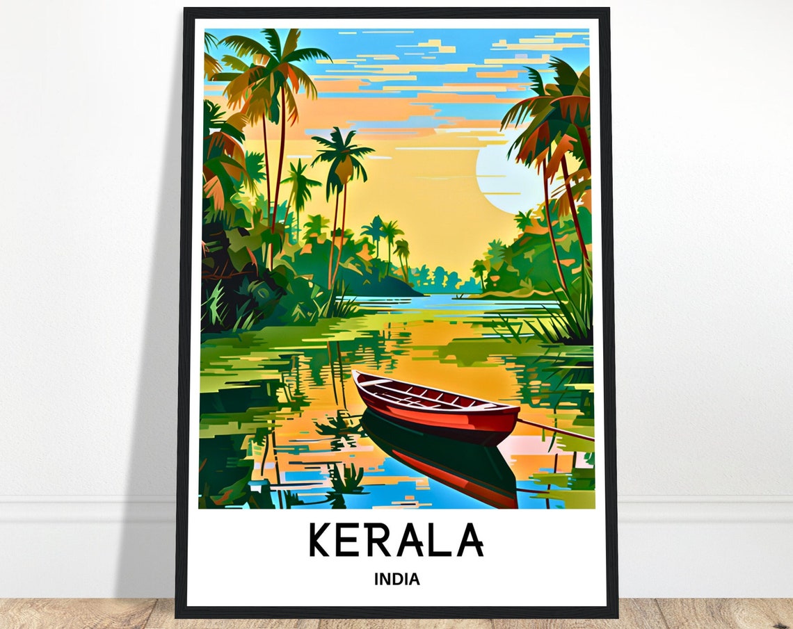 Kerala India Palm Backwaters Boat Sunset Illustration Travel Poster