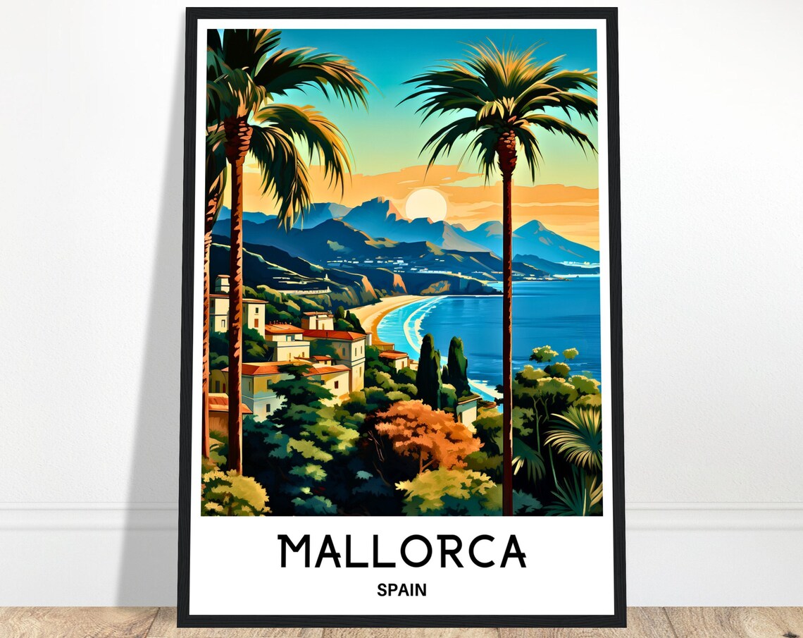 Mallorca Spain Golden Sunset Palms Coast Beach Town Travel Poster