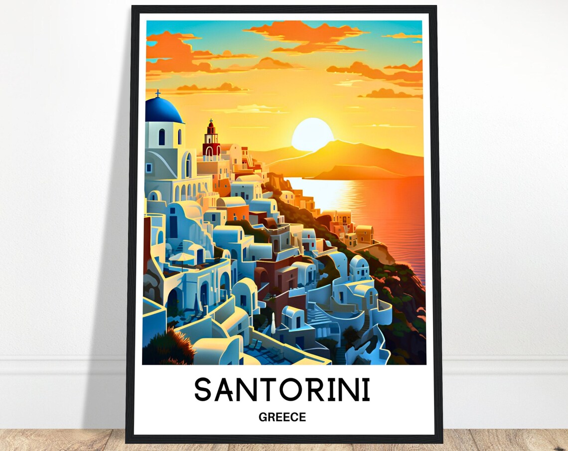 Santorini Greece Oia Village Fiery Sunset Aegean Sea Travel Poster