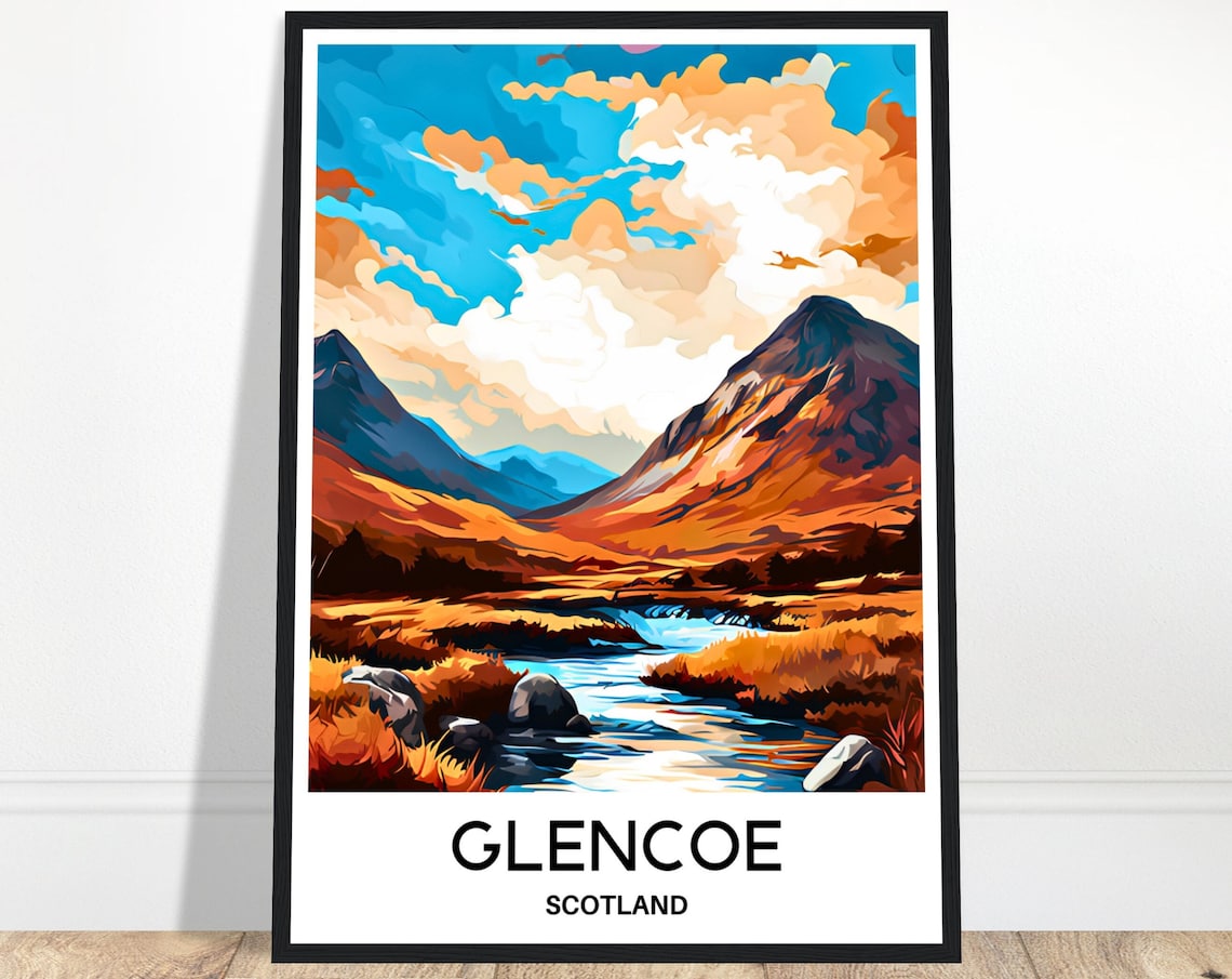 Glencoe Scotland Highland Mountain Valley Autumn Vintage Travel Poster