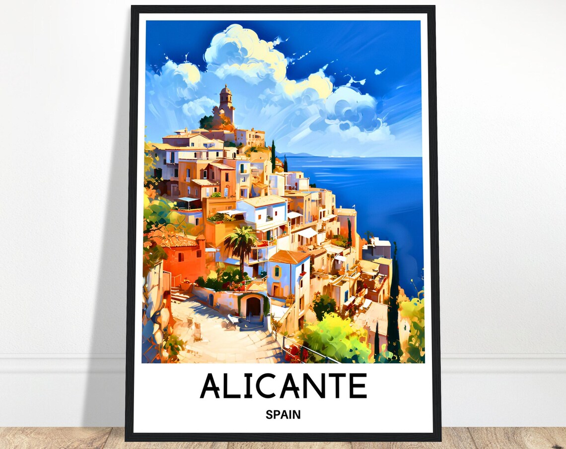 Alicante Spain Sunlit Hilltop Old Town Sea View Travel Art Poster