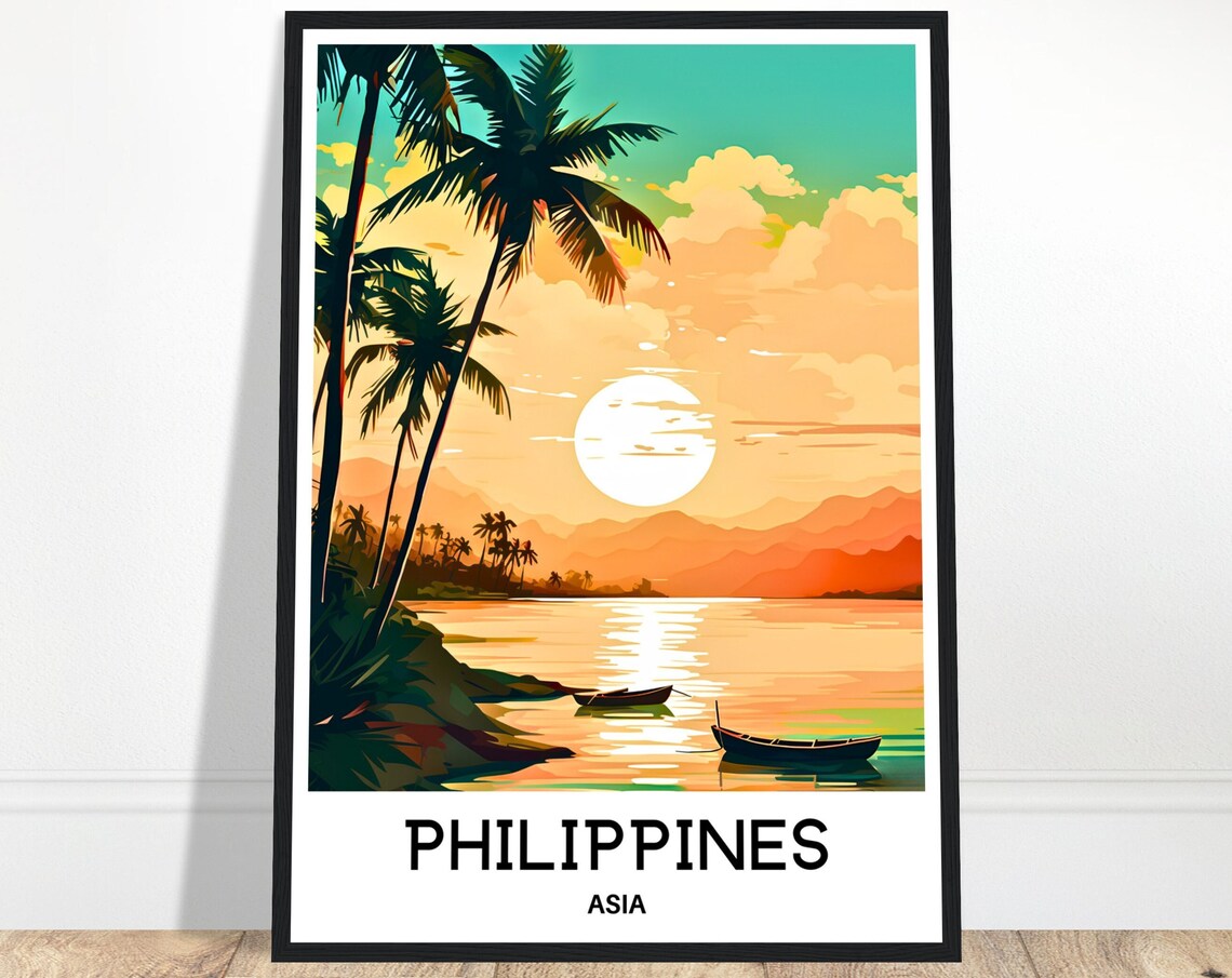 Philippines Golden Sunset Ocean Palm Silhouettes Boats Travel Poster